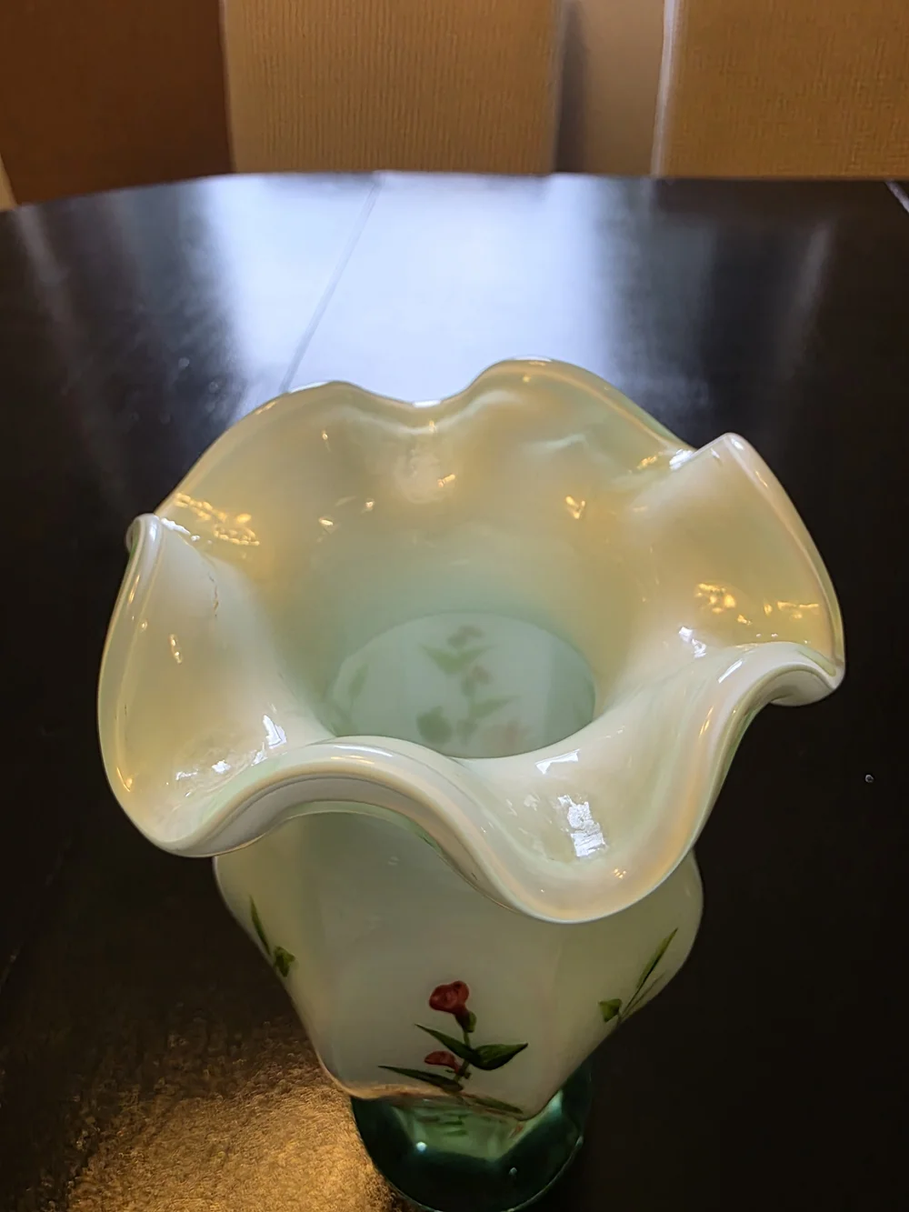 Fenton Opaline Green Cased Glass Ruffle Vintage Floral Hand Painted Roses Vase